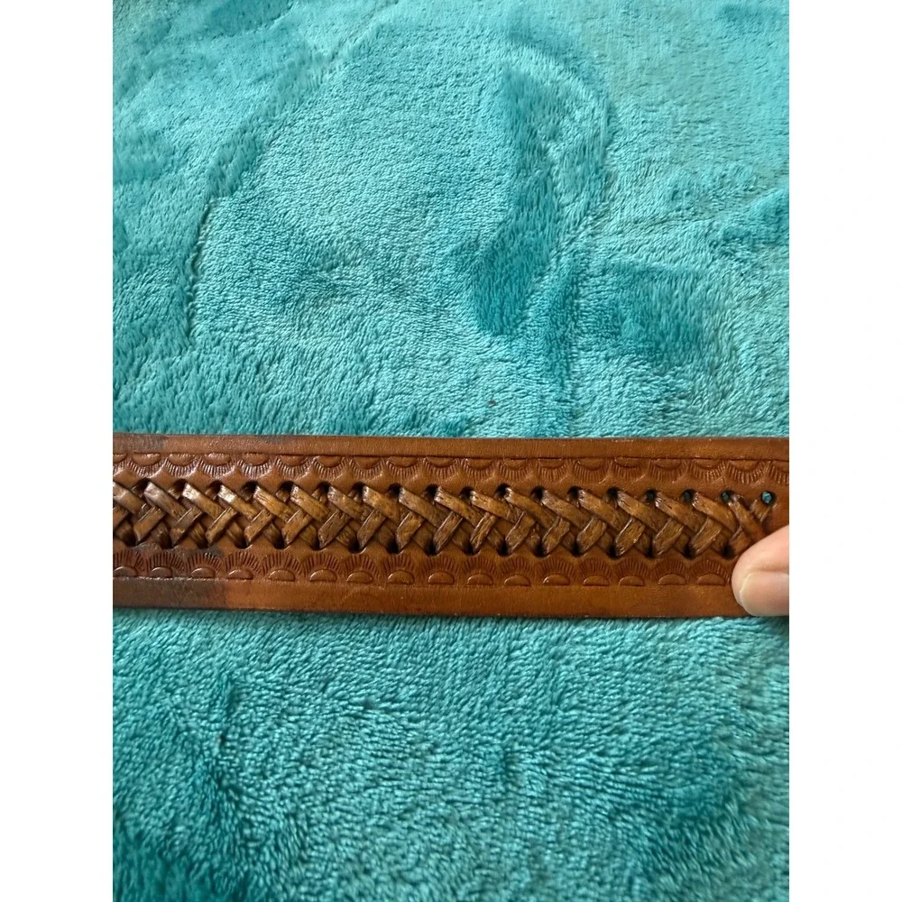 Vintage Tooled Leather Basket Weave Western Belt Tan Brown‎ Size 30 Mexico